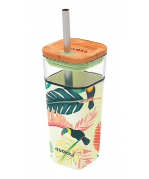Sklenený cestovný hrnček so slamkou Liquid Cube Tropical Toucans